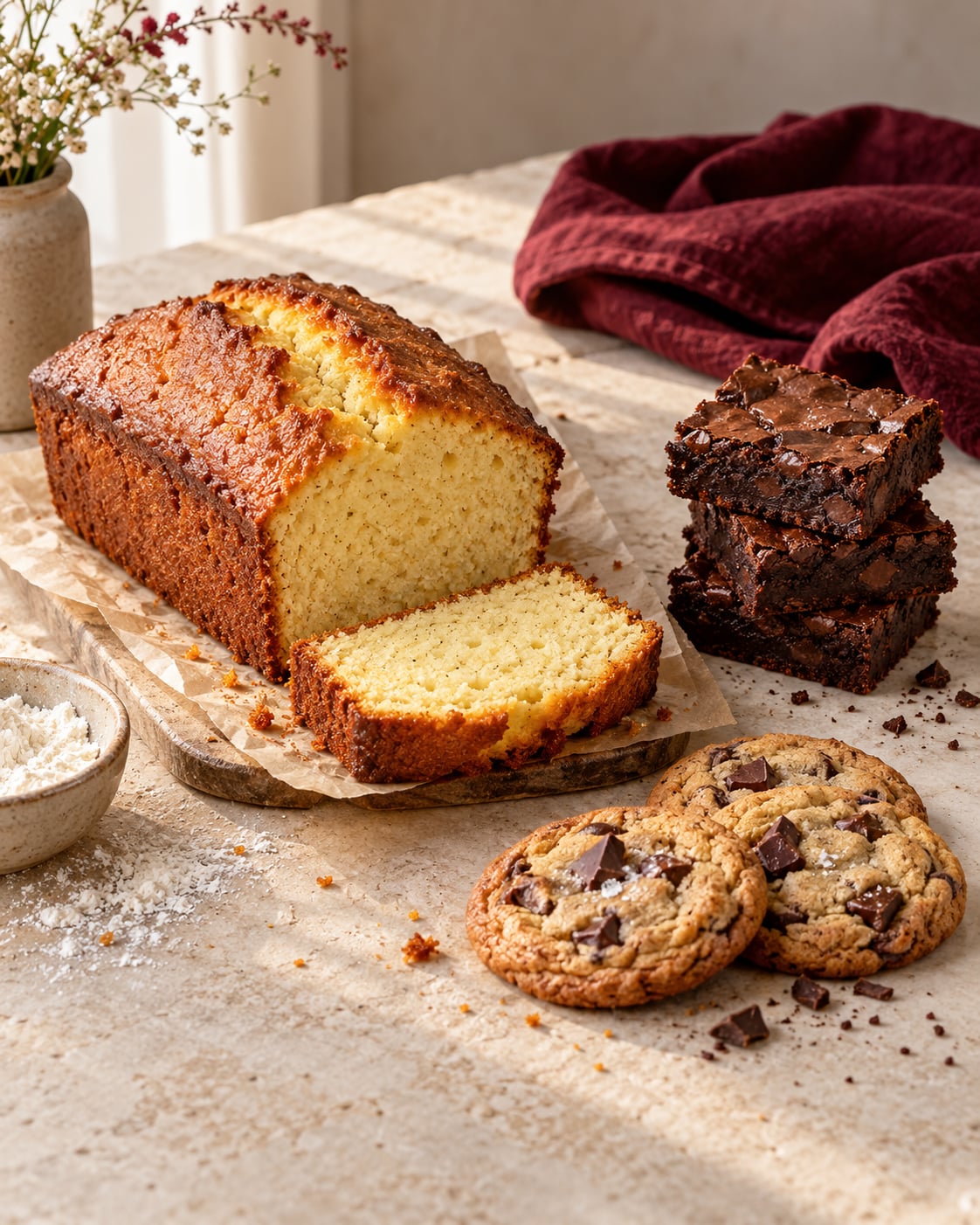 Vanilla tea cake, chocolate brownies and chocolate-chip cookies on a cream worktop