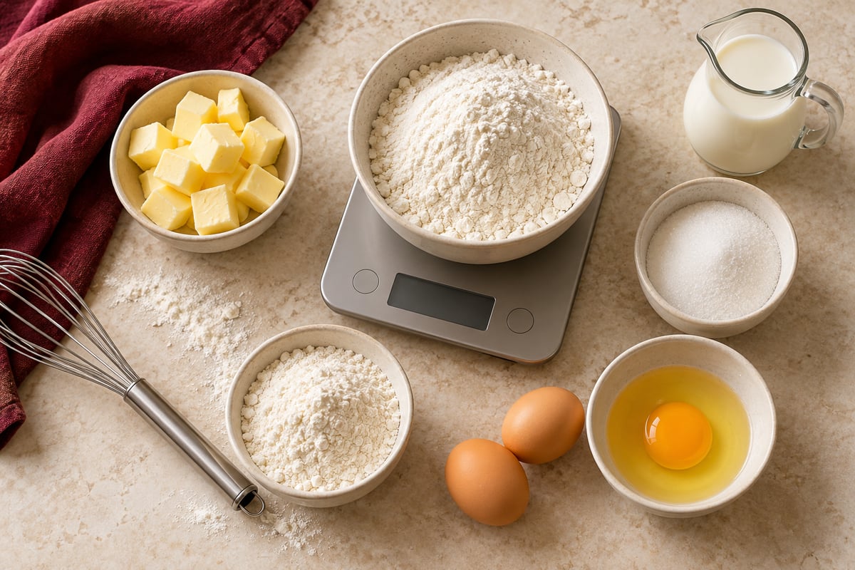 Flour, butter, eggs, milk and sugar arranged around a kitchen scale