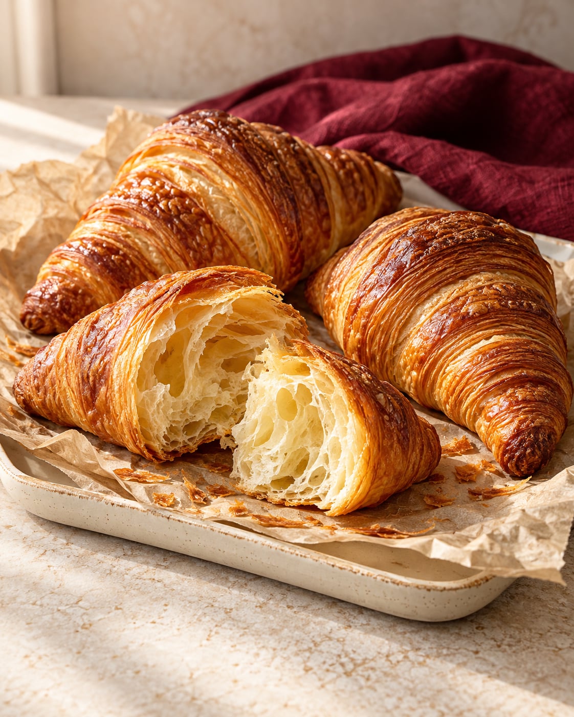 Golden butter croissants with one opened to show the airy layers