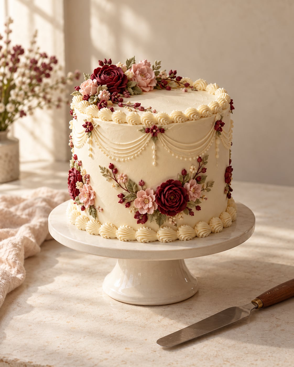 Ivory buttercream cake with delicate burgundy and blush flowers
