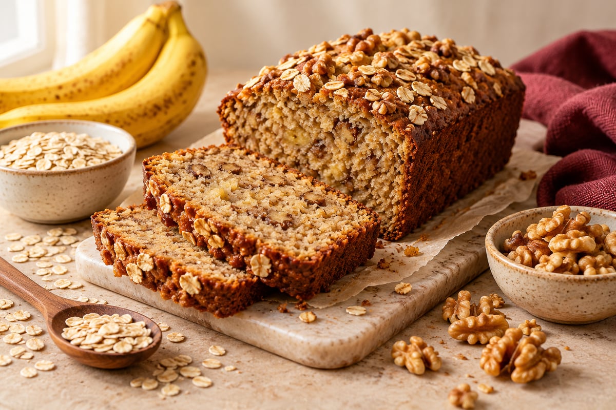 Sliced banana, walnut and oat loaf with baking ingredients