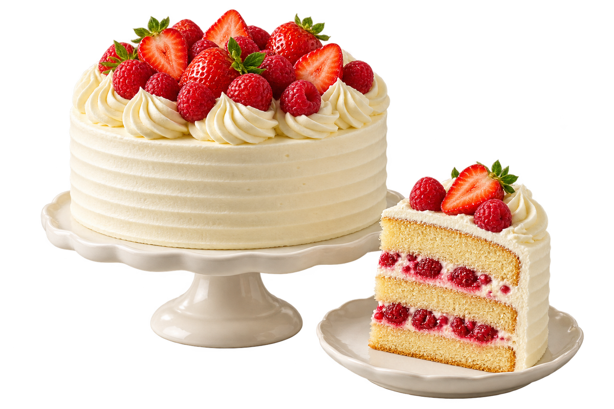 Berry-topped vanilla layer cake with a slice showing raspberry filling