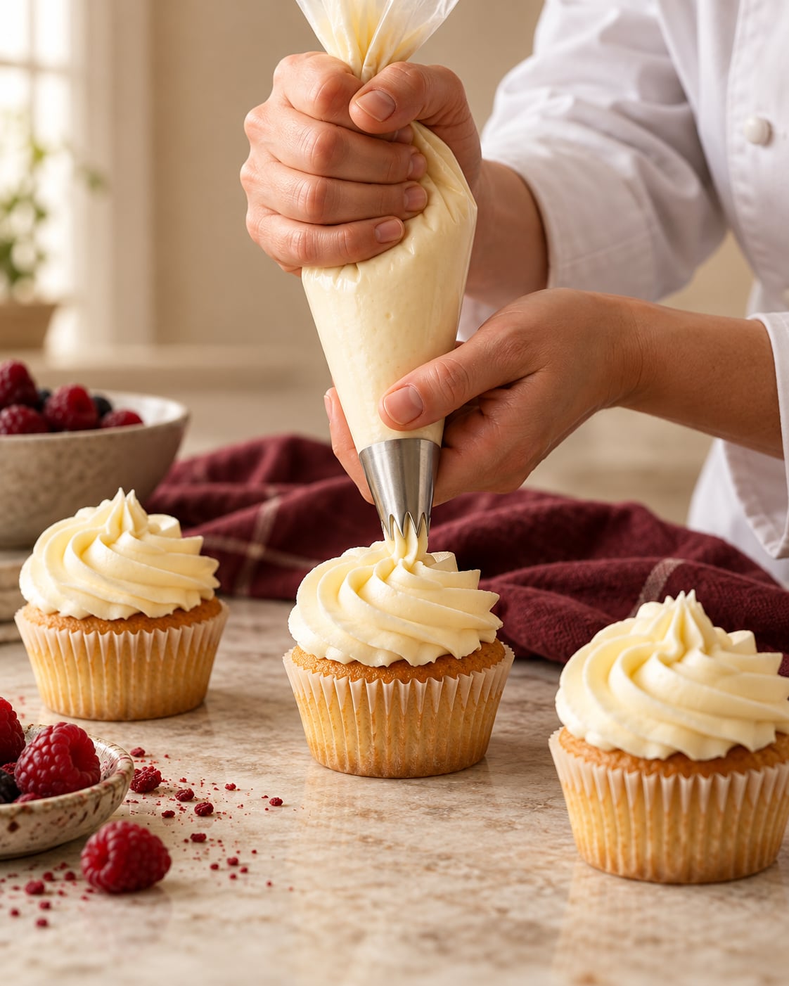 Close-up of hands piping buttercream onto vanilla cupcakes
